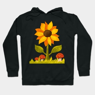 Sunflower in the grass along with some amanita mushrooms. Textured Illustration. Hoodie